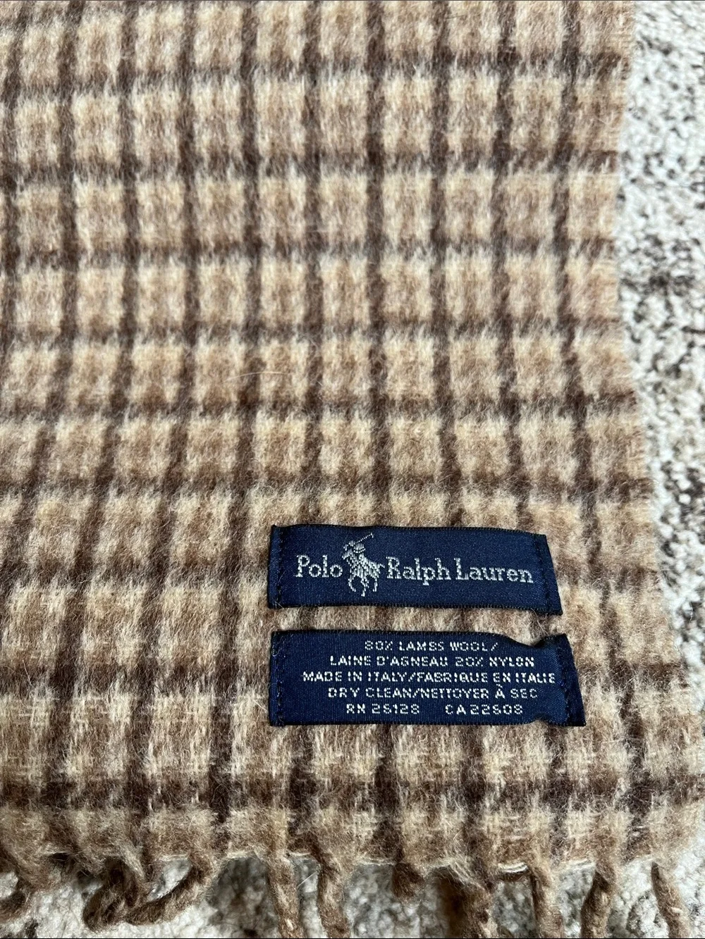 Polo by Ralph Lauren Tan and Brown Plaid Wool Scarf with Fringe